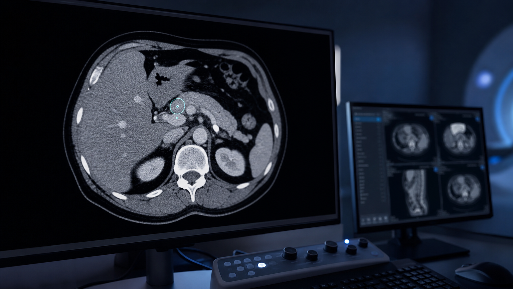 Illustrative CT review screen with an area marked for analysis